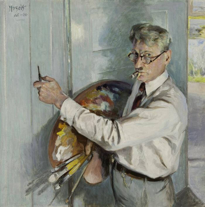 Painting of a man holding a paint pallet and paint brush.